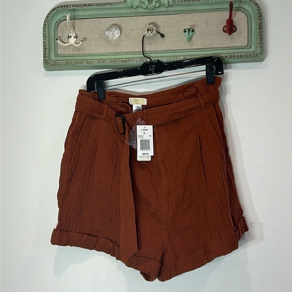 L*Space Gauze Cotton Aidan Shorts with belt rustic brown/orange cuffed new w tag